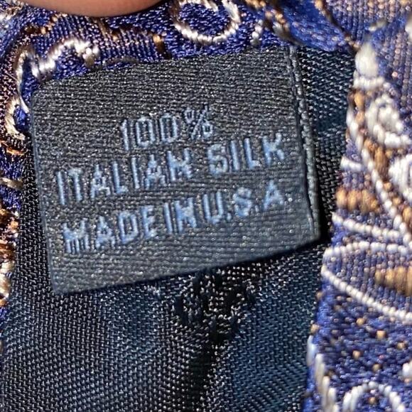 Express Design Studio Paisley Print Blue and Brown 100% Italian Silk Tie - Picture 11 of 12